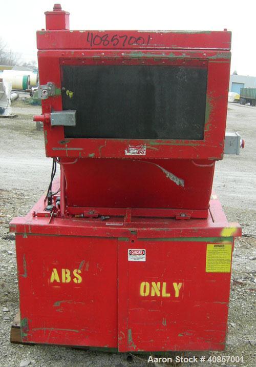 Used Rapid Granulator, Model 1224K. Approximately 12" diameter x 24" wide, 3 rows of 2 bolt on slanted blade open rotors. Tilt back pelican style feed hopper, set up for blower discharge with bottom ...