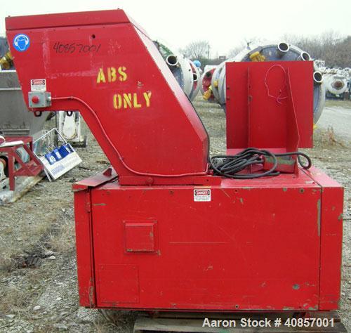 Used Rapid Granulator, Model 1224K. Approximately 12" diameter x 24" wide, 3 rows of 2 bolt on slanted blade open rotors. Tilt back pelican style feed hopper, set up for blower discharge with bottom ...