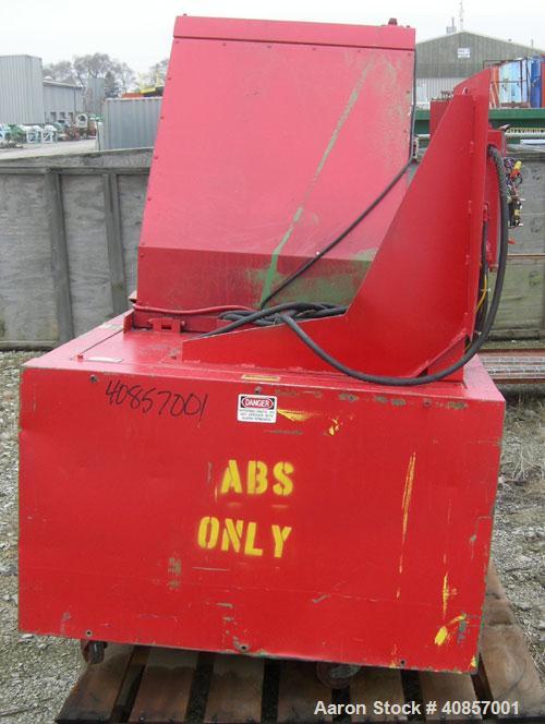 Used Rapid Granulator, Model 1224K. Approximately 12" diameter x 24" wide, 3 rows of 2 bolt on slanted blade open rotors. Tilt back pelican style feed hopper, set up for blower discharge with bottom ...
