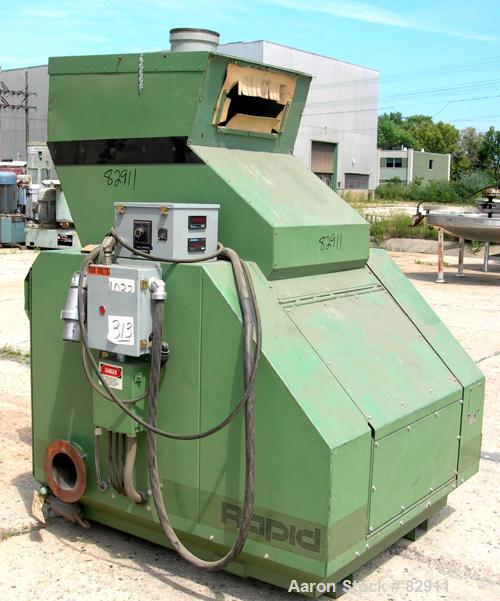 USED: Rapid granulator, model 1824K. Approx 18" diameter x 24" wide open rotor with 3 rows of 2 bolt on blades. Tilt back pelican style feed hopper, set up for blower discharge. Driven by an approx 2...