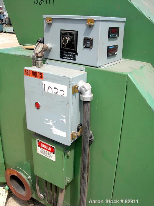 USED: Rapid granulator, model 1824K. Approx 18" diameter x 24" wide open rotor with 3 rows of 2 bolt on blades. Tilt back pelican style feed hopper, set up for blower discharge. Driven by an approx 2...