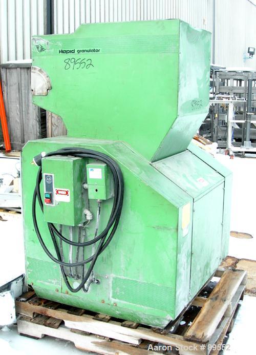 USED: Rapid granulator, model 2645-K. Approximate 8" diameter x 17" wide 3 bolt-on blade open rotor. Tilt back pelican style feed hopper, bottom discharge with drawer. Approximate 1/4" diameter scree...