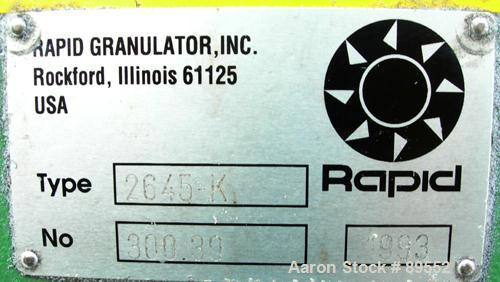 USED: Rapid granulator, model 2645-K. Approximate 8" diameter x 17" wide 3 bolt-on blade open rotor. Tilt back pelican style feed hopper, bottom discharge with drawer. Approximate 1/4" diameter scree...