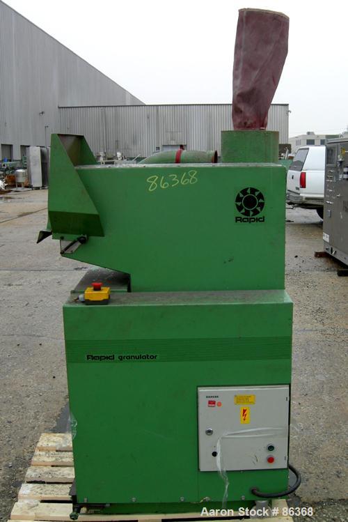 USED: Rapid Granulator, model GK3029-KU. Approximate 8" diameter x 12" wide 3 bolt on blade open rotor. Tilt back pelican style feed hopper, bottom discharge drawer set up for blower discharge with b...