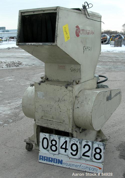USED: Rotogran grinder, model PH1418. Approx 14" diameter x 18" wide 3 bolt-on blade open rotor, (2) bed knives. Tilt back pelican style feed hopper, bottom discharge, no drawer. Approx 1/2" diameter...