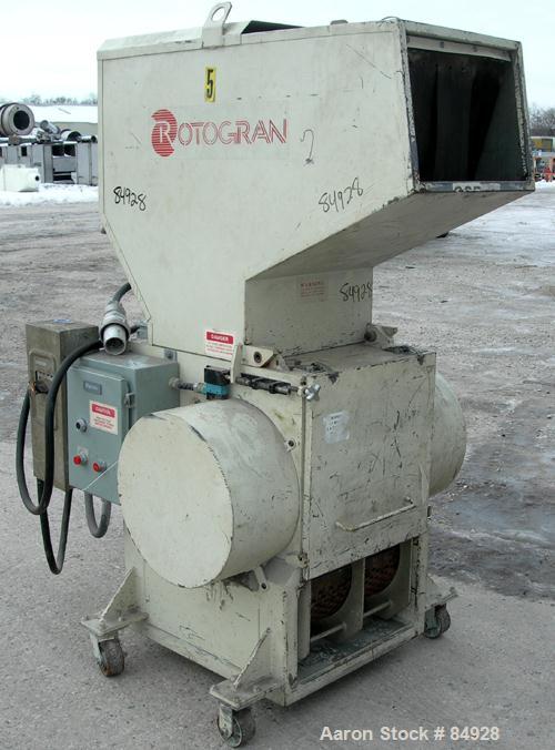USED: Rotogran grinder, model PH1418. Approx 14" diameter x 18" wide 3 bolt-on blade open rotor, (2) bed knives. Tilt back pelican style feed hopper, bottom discharge, no drawer. Approx 1/2" diameter...