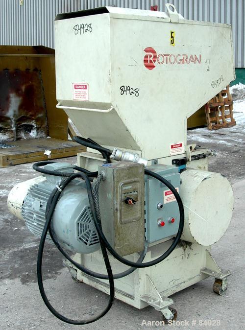 USED: Rotogran grinder, model PH1418. Approx 14" diameter x 18" wide 3 bolt-on blade open rotor, (2) bed knives. Tilt back pelican style feed hopper, bottom discharge, no drawer. Approx 1/2" diameter...