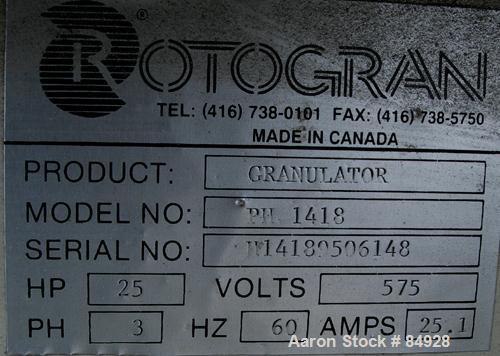 USED: Rotogran grinder, model PH1418. Approx 14" diameter x 18" wide 3 bolt-on blade open rotor, (2) bed knives. Tilt back pelican style feed hopper, bottom discharge, no drawer. Approx 1/2" diameter...