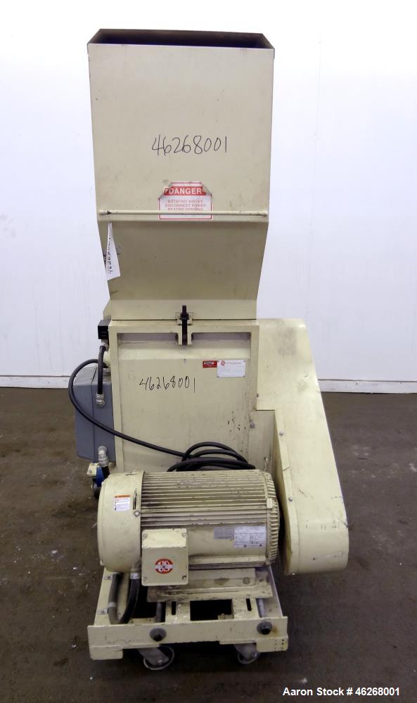 Used Rotogran Granulator, Model W0-1418. Approximately 14" x 18" feed section with (3) bolt on blades open rotor. Tilt back pelican style feed hopper, bottom discharge with drawer. Approximately 1/2"...