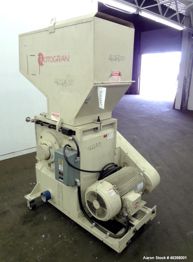 Used Rotogran Granulator, Model W0-1418. Approximately 14" x 18" feed section with (3) bolt on blades open rotor. Tilt back pelican style feed hopper, bottom discharge with drawer. Approximately 1/2"...