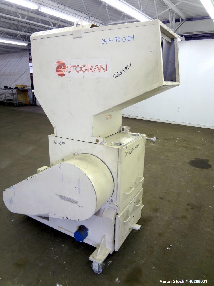 Used Rotogran Granulator, Model W0-1418. Approximately 14" x 18" feed section with (3) bolt on blades open rotor. Tilt back pelican style feed hopper, bottom discharge with drawer. Approximately 1/2"...