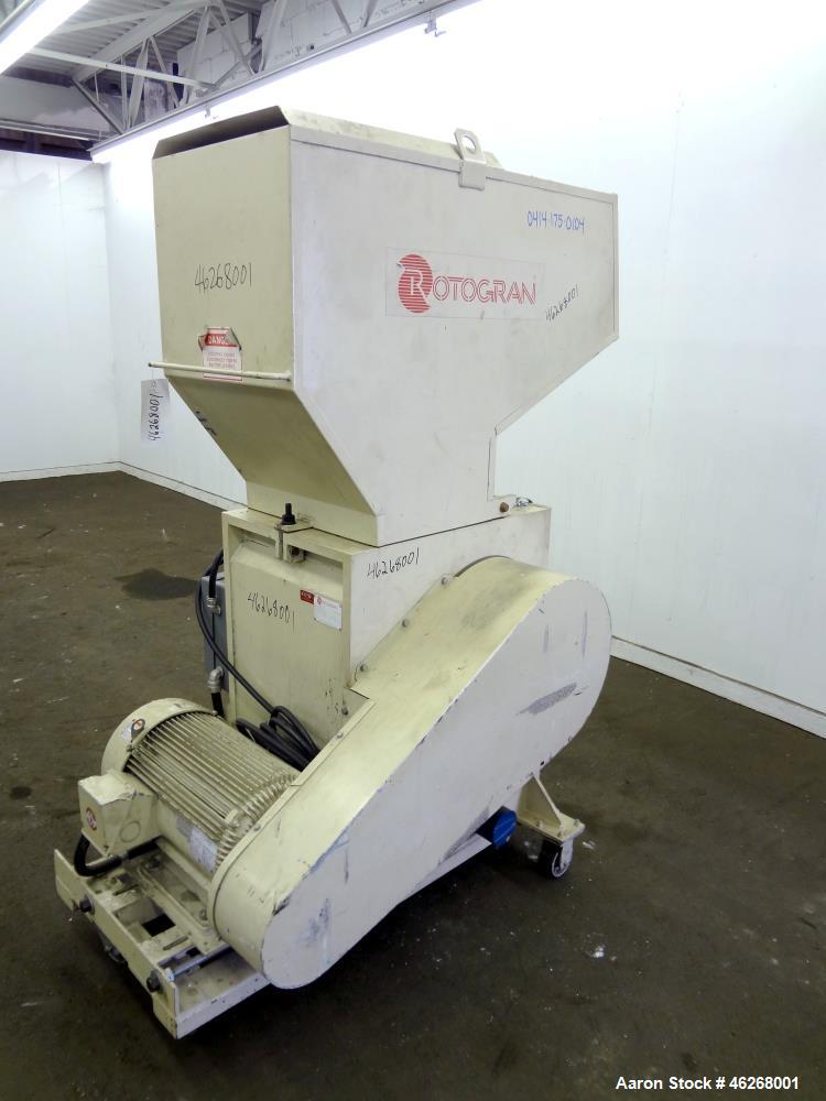 Used Rotogran Granulator, Model W0-1418. Approximately 14" x 18" feed section with (3) bolt on blades open rotor. Tilt back pelican style feed hopper, bottom discharge with drawer. Approximately 1/2"...