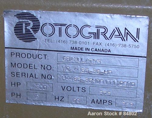 USED: Rotogran Granulator, model WO-4465-36HD. 65" x 44" feed opening with hopper, approximately 65" wide 9 rows of 5 bolt-on blades, open rotor. Approximate 1/4" screen holes. Bottom blower discharg...