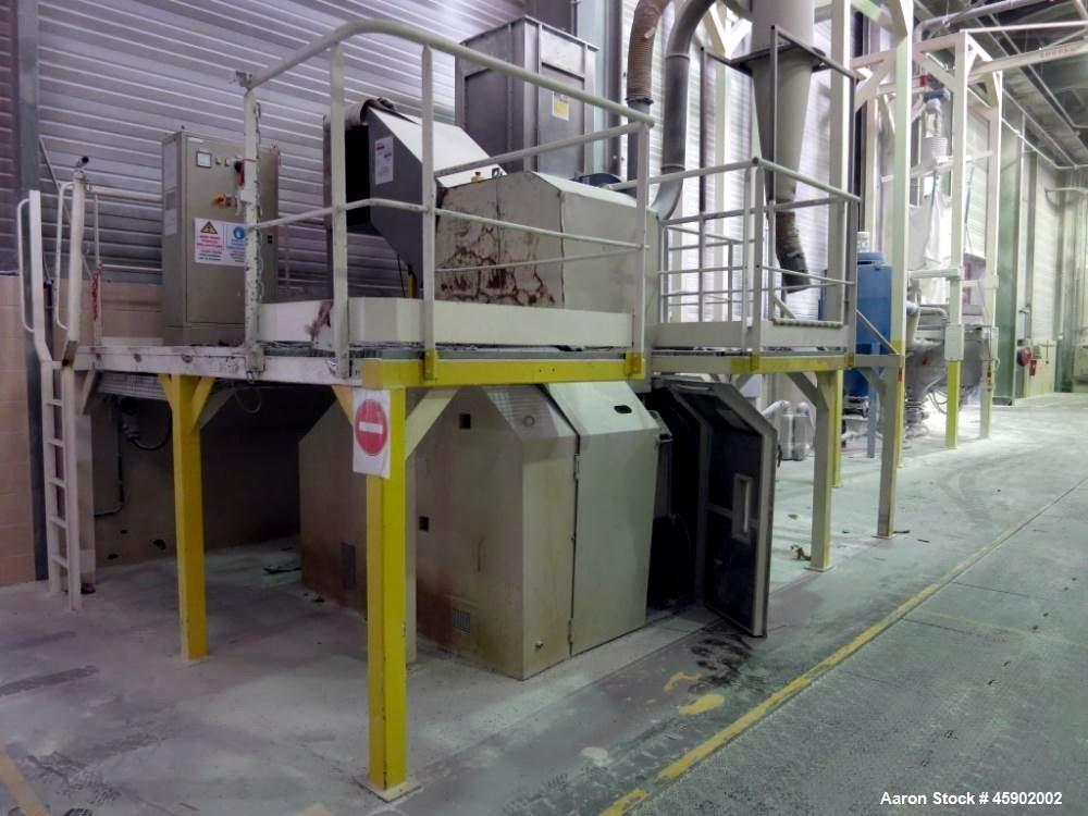 Used Tria Granulator, Type 80-49/DN-SL, Carbon Steel. Approximate 15.6" diameter x 24.9" wide (400mm x 830 mm) rotor, (5) rotor knives, (2) bed knives. Driven by a 55kw (82.5hp), 3/50/400/690 volt, 1...