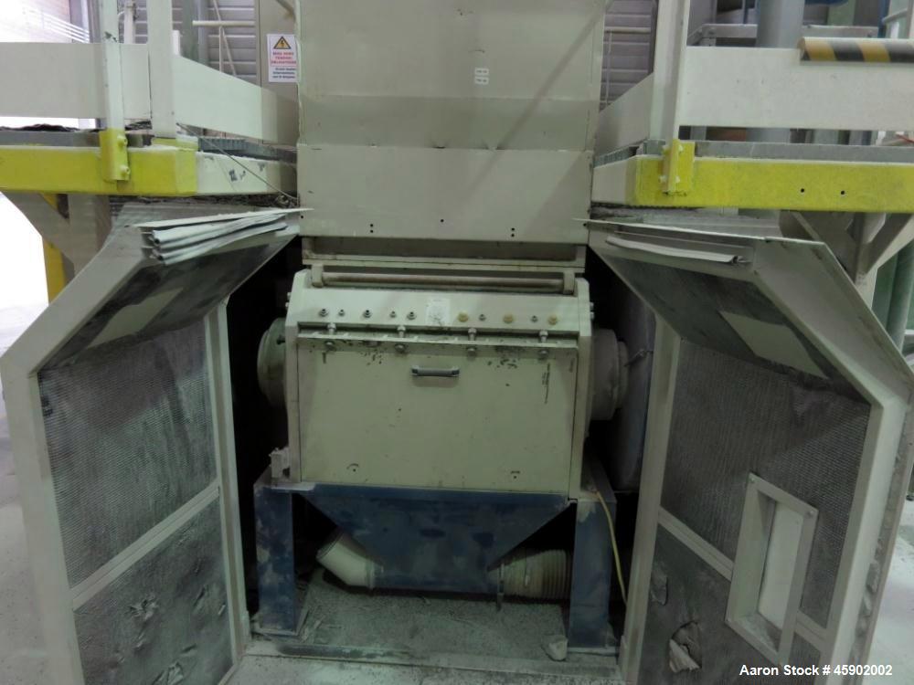 Used Tria Granulator, Type 80-49/DN-SL, Carbon Steel. Approximate 15.6" diameter x 24.9" wide (400mm x 830 mm) rotor, (5) rotor knives, (2) bed knives. Driven by a 55kw (82.5hp), 3/50/400/690 volt, 1...