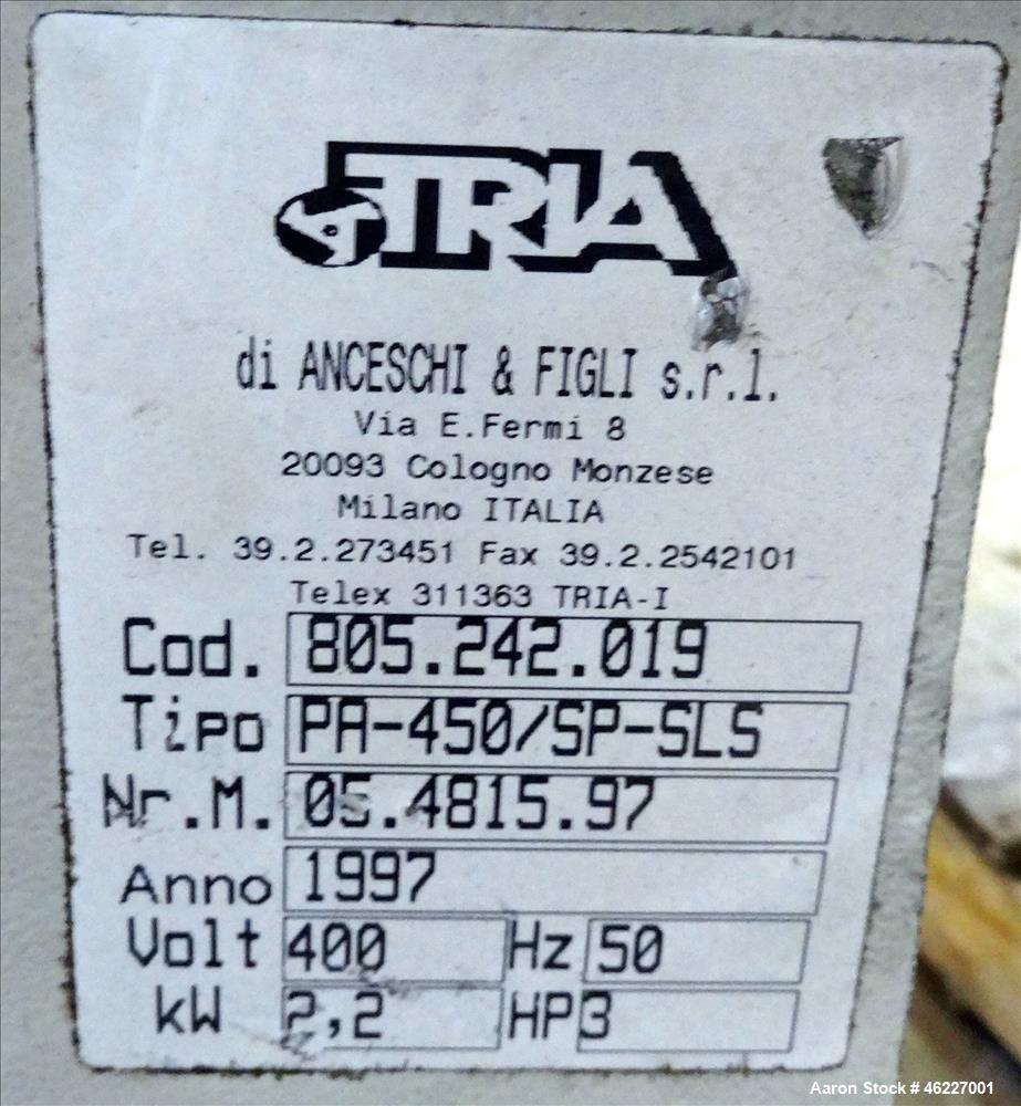 Used Tria Granulator, Carbon Steel. Approximate 20" x 26" feed throat with a bolt on feed hopper. Approximate (4) rows bolt on blades, open rotor, set up for bottom blower discharge with a 2.2kw blow...