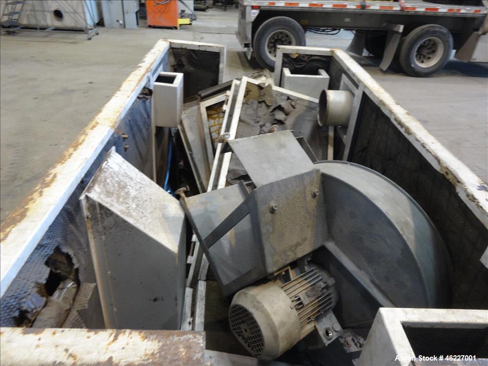 Used Tria Granulator, Carbon Steel. Approximate 20" x 26" feed throat with a bolt on feed hopper. Approximate (4) rows bolt on blades, open rotor, set up for bottom blower discharge with a 2.2kw blow...