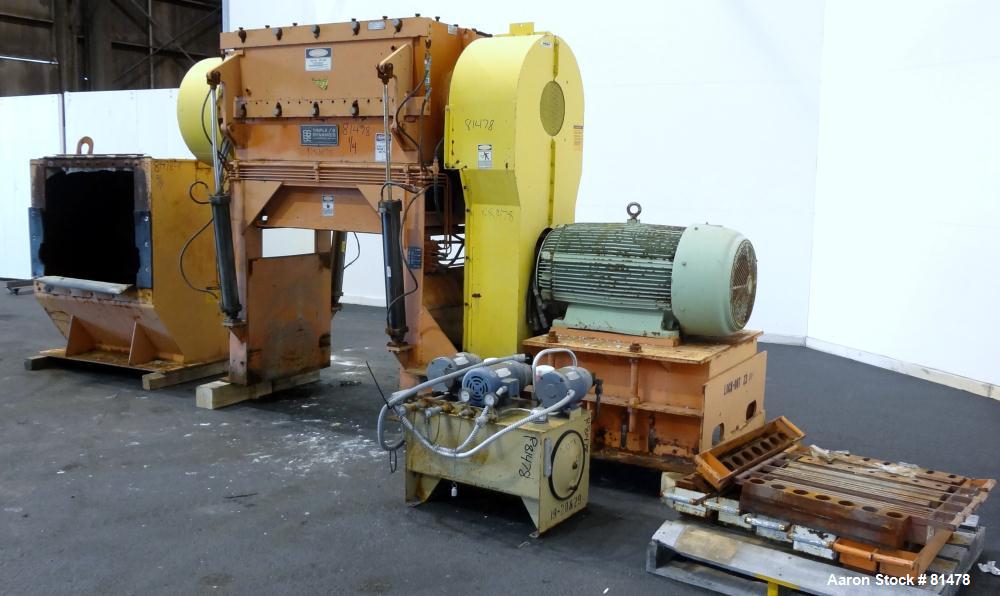 Used Triple /S Dynamics Granulator, Model 48. Feed Opening 29'' x 48'' with bolt on hopper. 3 Knife solid rotor approximate 14.75'' (375mm) x 48'' (1219mm. (4) Staitionary knives. Belt driven by a 25...
