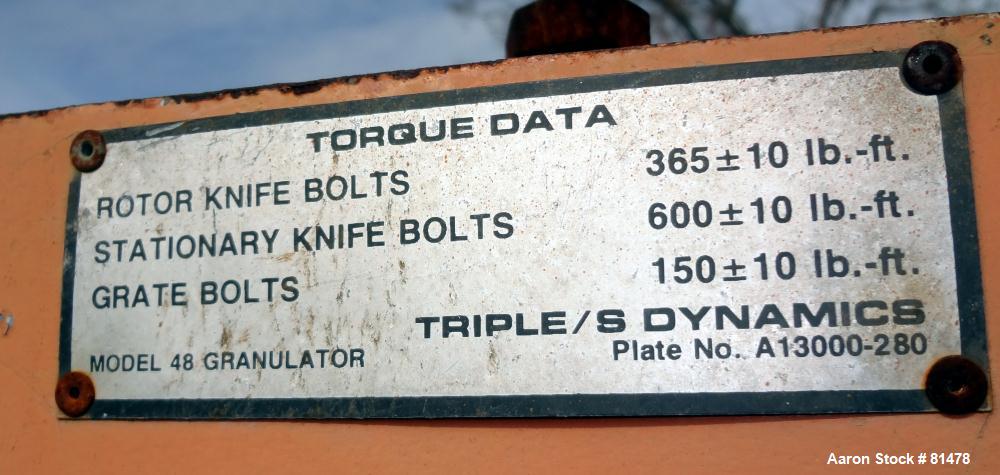 Used Triple /S Dynamics Granulator, Model 48. Feed Opening 29'' x 48'' with bolt on hopper. 3 Knife solid rotor approximate 14.75'' (375mm) x 48'' (1219mm. (4) Staitionary knives. Belt driven by a 25...