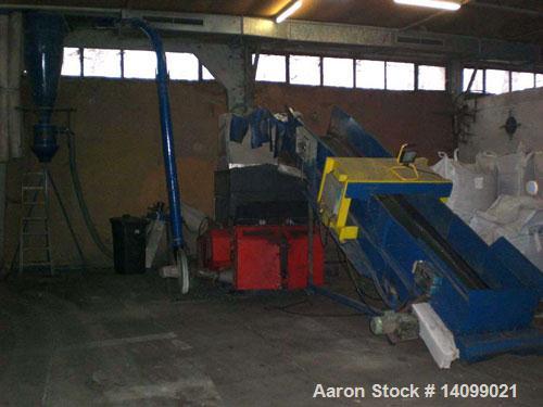 Used Weima WLKM 12-45 Cutting Mill for secondary crushing of pre-shredded plastics. Comprised of (1) graunulator; (1) hydraulic pusher system; (1) feeding belt with metal detector; (1) control panel,...