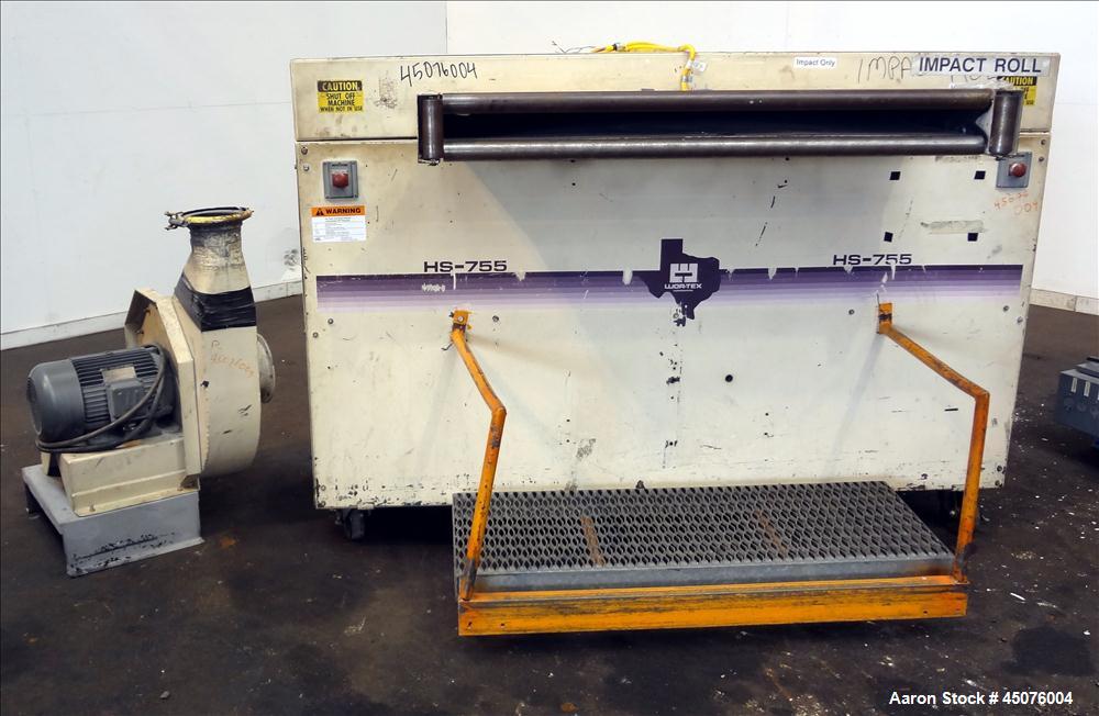 Used- Wor-Tex Roll Stock Granulator, Model HS-755. Approximate 10" wide x 55" long feed throat, (4) 30" wide off set bolt on...