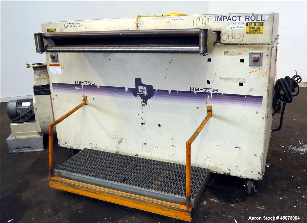 Used- Wor-Tex Roll Stock Granulator, Model HS-755. Approximate 10" wide x 55" long feed throat, (4) 30" wide off set bolt on...