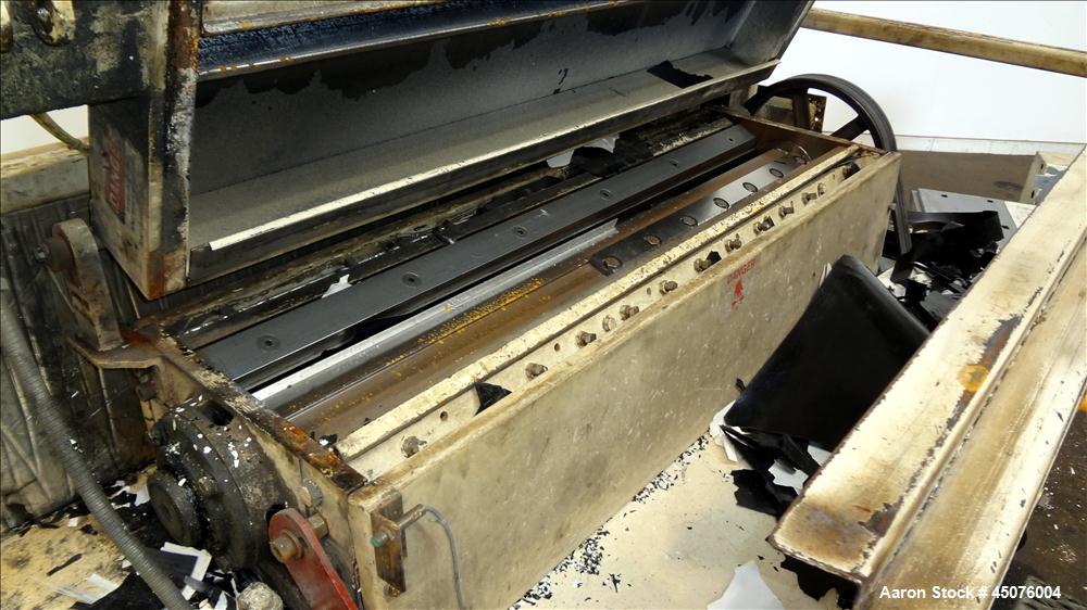 Used- Wor-Tex Roll Stock Granulator, Model HS-755. Approximate 10" wide x 55" long feed throat, (4) 30" wide off set bolt on...