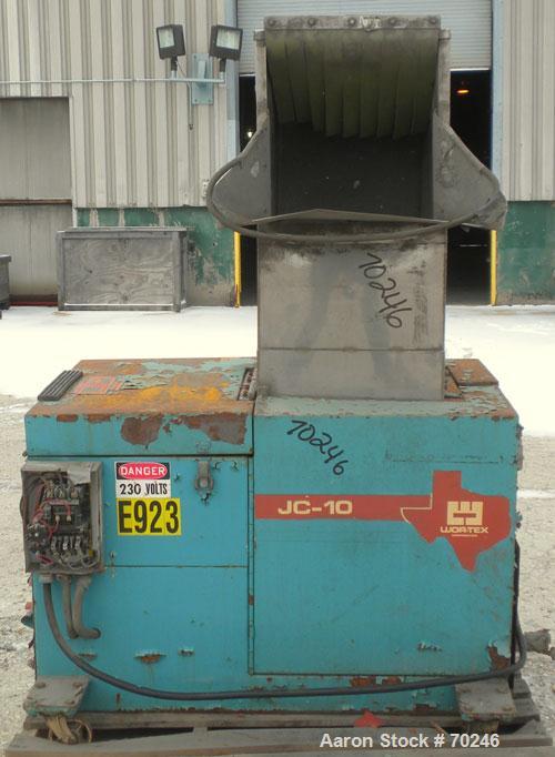 Used Wortex Granulator, Model JC 10, Carbon Steel. Approximate 7" diameter x 15" wide involute parabolic segmented helical type rotor with 3 rows of 9 blades, 2 bed knives, 15" x 16" pelican type fee...