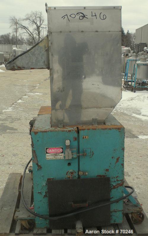Used Wortex Granulator, Model JC 10, Carbon Steel. Approximate 7" diameter x 15" wide involute parabolic segmented helical type rotor with 3 rows of 9 blades, 2 bed knives, 15" x 16" pelican type fee...