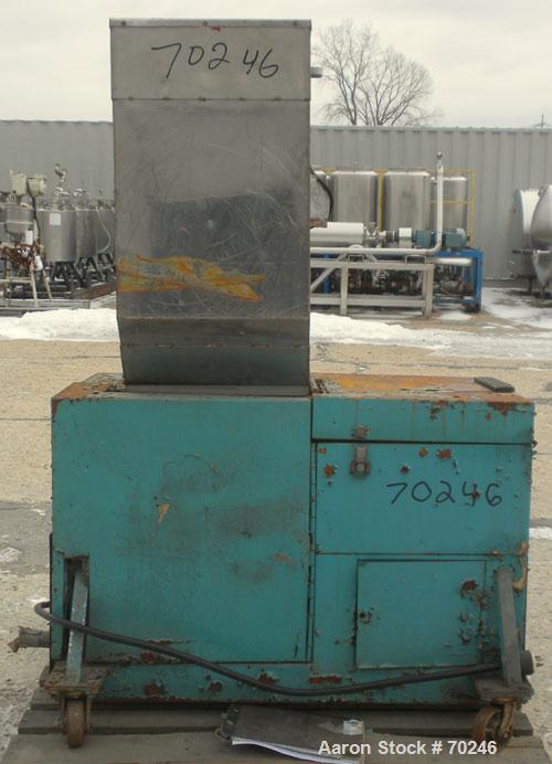 Used Wortex Granulator, Model JC 10, Carbon Steel. Approximate 7" diameter x 15" wide involute parabolic segmented helical type rotor with 3 rows of 9 blades, 2 bed knives, 15" x 16" pelican type fee...