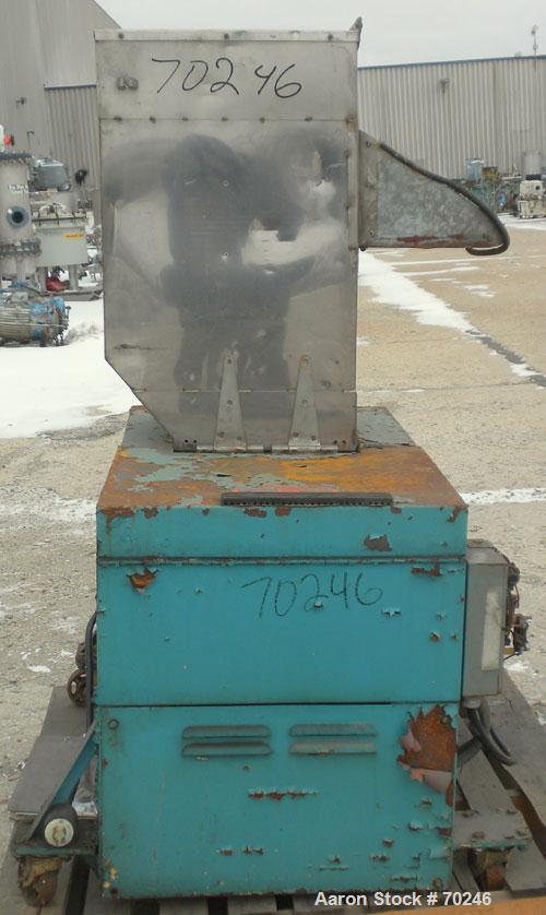 Used Wortex Granulator, Model JC 10, Carbon Steel. Approximate 7" diameter x 15" wide involute parabolic segmented helical type rotor with 3 rows of 9 blades, 2 bed knives, 15" x 16" pelican type fee...