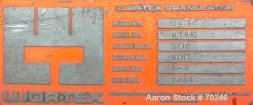 Used Wortex Granulator, Model JC 10, Carbon Steel. Approximate 7" diameter x 15" wide involute parabolic segmented helical type rotor with 3 rows of 9 blades, 2 bed knives, 15" x 16" pelican type fee...