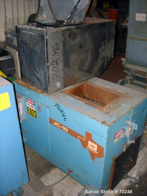 Used Wortex Granulator, Model JC 10, Carbon Steel. Approximate 7" diameter x 15" wide involute parabolic segmented helical type rotor with 3 rows of 9 blades, 2 bed knives, 15" x 16" pelican type fee...
