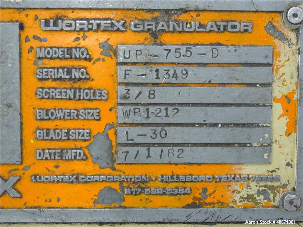 Used- Wortex Granulator, Model UP-755-D, Carbon Steel.