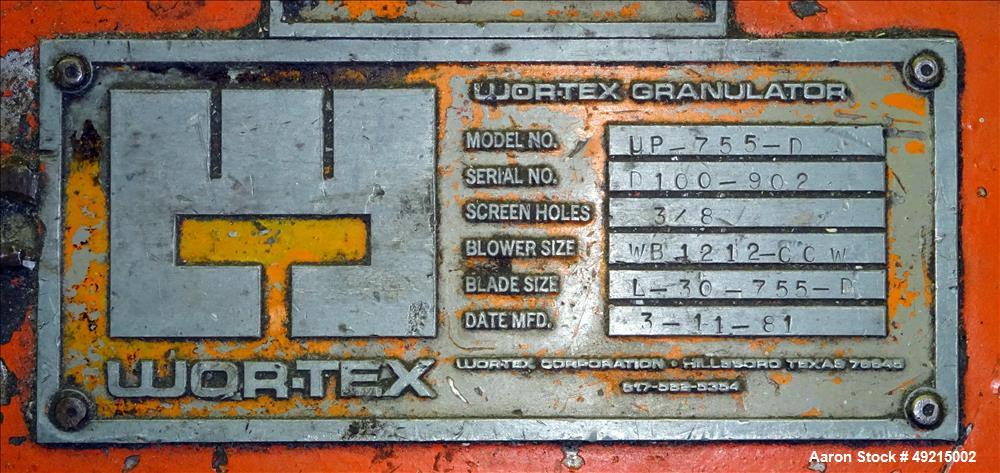Used Wortex Granulator, Model UP-755-D, Carbon Steel.