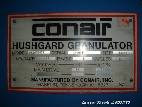 USED: Conair Hushgard model SK297601P. 14", 20" feed opening, 3 knifeopen rotor having two bed knives. Unit includes a 3/8" screen. Drivenby a 20 hp, 3/480 volt, 25 amp motor. Includes startr for bot...