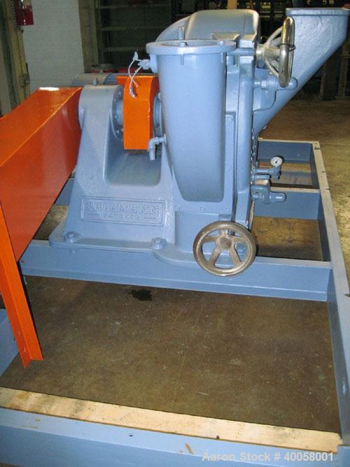 Used Pallmann Attrition/Impact Turbo Mill, Model PP6, Carbon Steel. Approximate 600mm diameter grinding chamber, 26 cubic meter per minute air displacement. Designed for pulverizing, fiberizing, crus...
