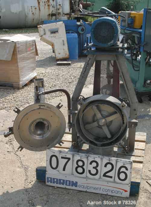 Used Pallmann Type Mill, 316 Stainless Steel. 20" Siameter x 5" deep chamber, 16" diameter screen, approximate 1/4" holes. 4 bar rotor. 4" top feed, 4" x 9" bottom outlet. Driven by a 7.5 kw (10 hp),...