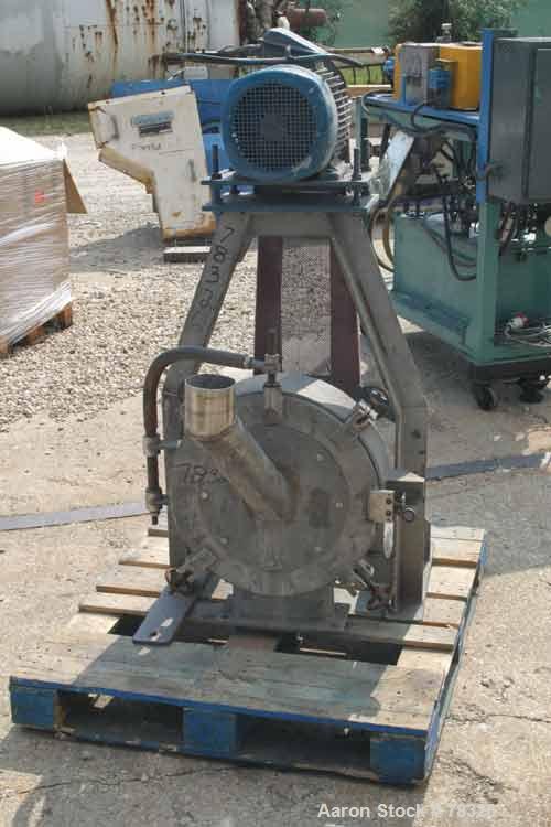 Used Pallmann Type Mill, 316 Stainless Steel. 20" Siameter x 5" deep chamber, 16" diameter screen, approximate 1/4" holes. 4 bar rotor. 4" top feed, 4" x 9" bottom outlet. Driven by a 7.5 kw (10 hp),...
