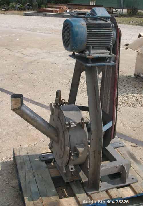 Used Pallmann Type Mill, 316 Stainless Steel. 20" Siameter x 5" deep chamber, 16" diameter screen, approximate 1/4" holes. 4 bar rotor. 4" top feed, 4" x 9" bottom outlet. Driven by a 7.5 kw (10 hp),...