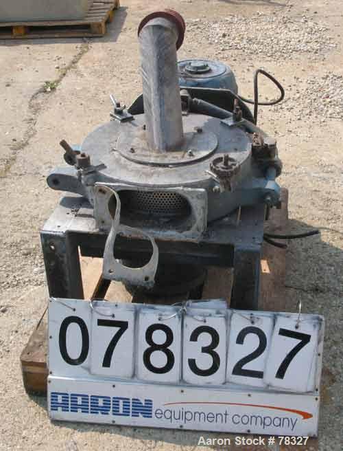 Used Pallmann type mill, 304 stainless steel. 20" diameter x 5" deep chamber, 16" diameter screen, approximately 1/4" holes. 4 bar rotor. 4" top feed, 4" x 9" bottom outlet. Driven by a 5 kw (6 hp), ...