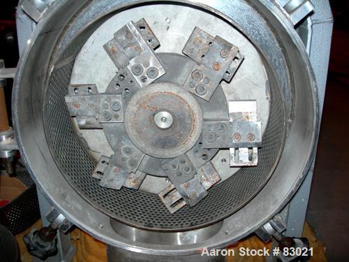 USED: Pallman Type Mill. 316 stainless steel. 20" diameter x 5" deep chamber, 16" diameter screen, approximate 1/4" holes. Carbon steel rotor with bolt-on blades. Side feed (missing feed chute), 4" x...
