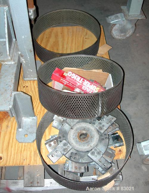 USED: Pallman Type Mill. 316 stainless steel. 20" diameter x 5" deep chamber, 16" diameter screen, approximate 1/4" holes. Carbon steel rotor with bolt-on blades. Side feed (missing feed chute), 4" x...