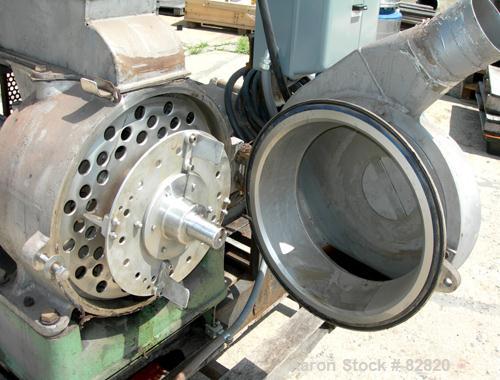 USED: Schutz O'Neil Air Swept Pulverizer, 304 Stainless Steel.  18" diameter x 8" deep chamber, beater rotor, liners, (2) classifier plates, hinged front discharge housing. 2-1/2" diameter x 20" long...