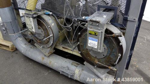 Used Wedco Size Reduction System, Model SE 12TC-50-50, Carbon Steel. Consists of : (2) Thermofine SE 12 mills, approximate 12” diameter grinding discs. Each mill driven by a 50 hp, 3/60/460 volt, 353...