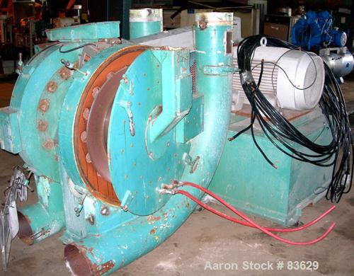 USED: Wedco dual disc pulverizer system, carbon steel. (2) 28" diameter discs, approx 3" deep chambers. Hinged side door feed, set up for bottom blower discharge. Both driven by a 100 hp, 3/60/208-23...