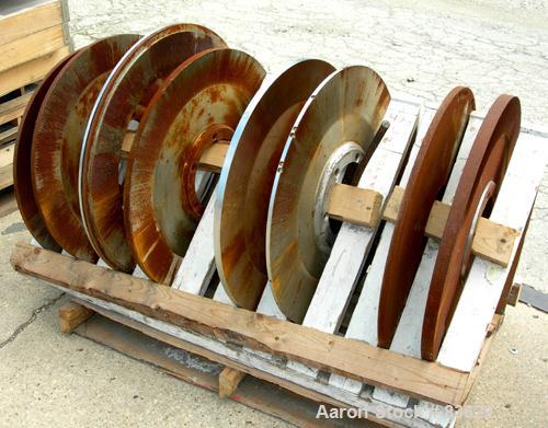 USED: Wedco dual disc pulverizer system, carbon steel. (2) 28" diameter discs, approx 3" deep chambers. Hinged side door feed, set up for bottom blower discharge. Both driven by a 100 hp, 3/60/208-23...