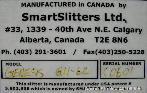 Used: Smartslitter single blade roll slitter, model Genesis G1162. Floor standing unit. Capacity 62" roll width, max O.D. roll slit 11", roll slit I.D. core 3". Driven by a 2hp 3/60/230/460 volt, 172...