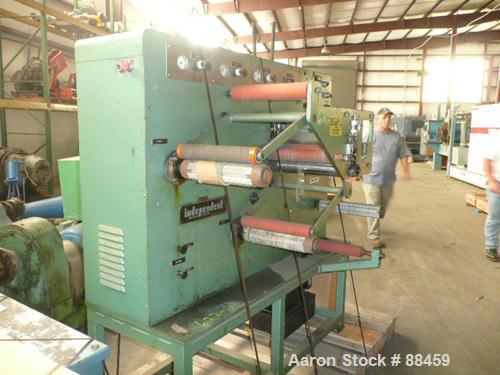 USED: Independent Laboratory 14" wide slitter rewinder. Includes a single position unwind for approximately 12" diameter rolls, duplex rewind with lay on rolls, approximately 12" diameter and operato...