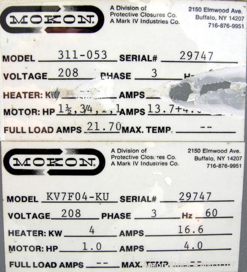 Used Mokon Temperature Controller/Chiller, model 311-053. Two zone heating/chilling system with (2) KV7F04KU.  Heating units and (1) 1-1/ 2 ton air-cooled chiller.  208 volts, 3 phase, 60 hertz.  3/2...